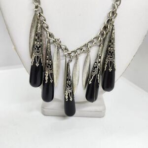 Rustic Silver Tone‎ Black Dangle Necklace